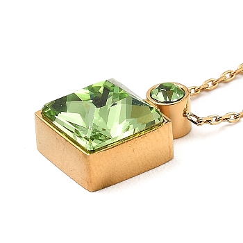 Glass Square Pendant Necklace, Real 18K Gold Plated 304 Stainless Steel Necklace, Yellow Green, 18.43 inch(46.8cm)
