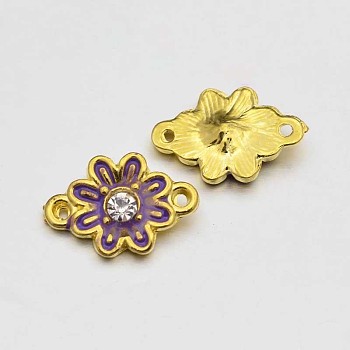 Golden Tone Alloy Rhinestone Enamel Flower Links connectors, Dark Violet, 17x12x4mm, Hole: 1mm