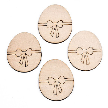 Undyed Natural Wooden Cabochons, Laser Cut, Egg with Bowknot, Antique White, 46x37.5x2.5mm