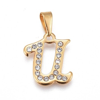 304 Stainless Steel Pendants, with Rhinestone, Letter, Letter.U, 20x17x2mm, Hole: 3~3.5x7.5~8mm