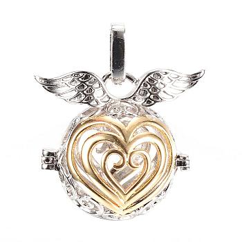 Rack Plating Brass Cage Pendants, For Chime Ball Pendant Necklaces Making, Hollow Round & Heart, Platinum & Golden, 27x30x20mm, Hole: 3x7mm, inner measure: 18mm