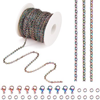 DIY Chain Jewelry Set Making Kit, Including Rainbow Color Ion Plating(IP) 304 Stainless Steel 5M Curb Chains & 10Pcs Clasps & 20Pcs Jump Rings, 1Pc Plastic Spool, Rainbow Color, Curb Chains: 4.5x3x1mm