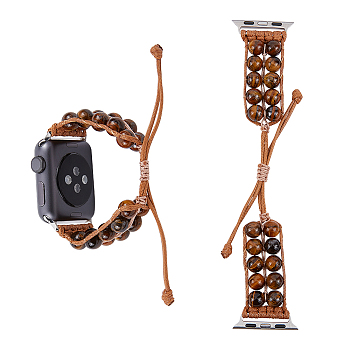 Natural Tiger Eye Round Braided Bead Watch Band, Triple Layer Quick Release Watch Bands, Replacement Watch Straps, Saddle Brown, 12~22x3.5x0.85cm