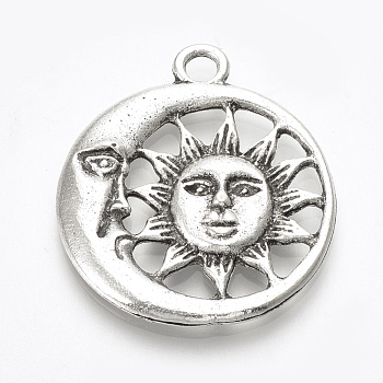 Tibetan Style Alloy Pendants, Flat Round with Sun and Moon, Lead Free & Cadmium Free, Antique Silver, 28.5x25x2.5mm, Hole: 2.5mm