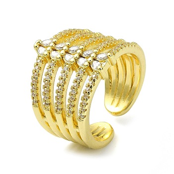 Brass with Cubic Zirconia Open Cuff Ring, Multi Lines Wide Band Rings, Real 18K Gold Plated, Inner Diameter: 18mm