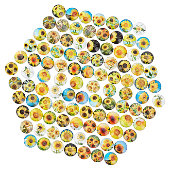 100pcs Glass Cabochons, Sunflower Pattern, Half Round/Dome, Mixed Color, 12mm