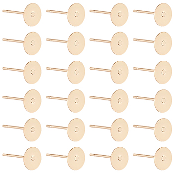200Pcs 304 Stainless Steel Stud Earring Findings, Flat Round, Real 24K Gold Plated, 6x0.3mm, Pin: 0.7mm