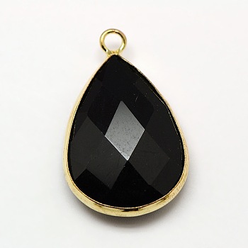 Golden Tone Brass Glass Teardrop Pendants, Faceted, Black, 22x13x5mm, Hole: 2mm