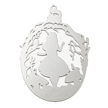 Non-Tarnish 201 Stainless Steel Pendants, Etched Metal Embellishments, Girls Charm, Stainless Steel Color, 40.5x28x0.2mm, Hole: 1.2mm