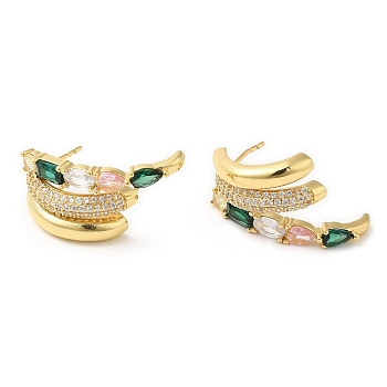 Emerald Rhinestone Claw Stud Earrings, Brass Earrings for Women, Lead Free & Cadmium Free, Real 18K Gold Plated, 13x25mm