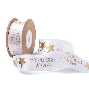 Polyester Ribbon, Star Pattern with Word Merry Christmas, White, 1 inch(26mm), about 10yards/roll