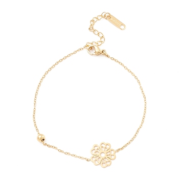 304 Stainless Steel Link Bracelets, with Flower Link, for Women, Golden, 6-7/8 inch(17.6cm)