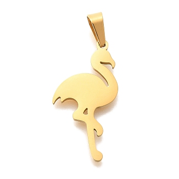 PVD Vacuum Plating 304 Stainless Steel Pendants, Flamingo Shape Charm, Real 18K Gold Plated, 25x13x1.5mm, Hole: 5.5x3.5mm