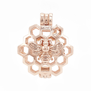 Alloy Locket Pendants, Diffuser Locket, Hollow, Honeycomb with Bee, Rose Gold, 26x22x13mm, Hole: 4x3mm, Inner Measure: 18mm