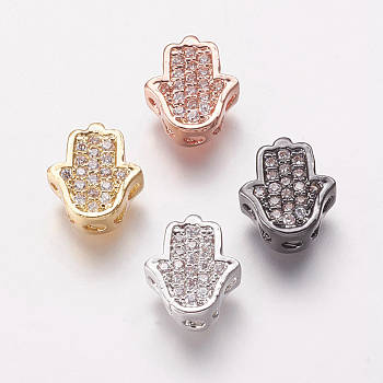 Brass Cubic Zirconia Beads, Hamsa Hand/Hand of Fatima/Hand of Miriam, Clear, Mixed Color, 9.5x8.5x4mm, Hole: 2mm