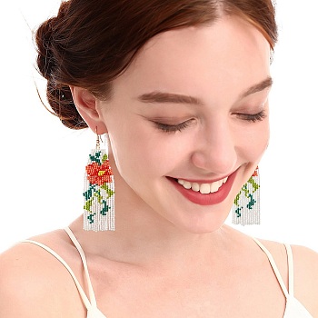 Brass Chandelier Earrings, Glass Seed Beaded Tassel Earrings, Coral, 100x31mm