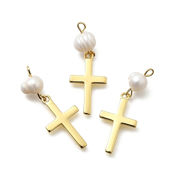 Brass & Natural Pearl Cross Pendants, Rack Plating, Long-Lasting Plated, Cadmium Free & Lead Free, Real 18K Gold Plated, 30mm, Hole: 1.8mm