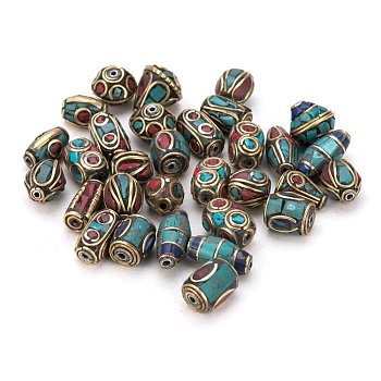 50PCS Mixed Antique Golden Handmade Tibetan Style Beads, Brass with Coral and Turquoise, Antique Golden, 12~25x8~13mm