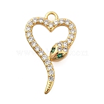 Brass Micro Pave Cubic Zirconia Pendants, Snake, Nickel Free, Long-Lasting Plated, Real 18K Gold Plated, 19.5x12x2.5mm, Hole: 1.6mm(X1-KK-B147-06A-G)
