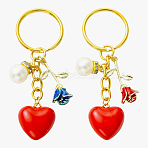 2Pcs Alloy & Brass & Acrylic Pearl Keychains, with Iron Rings, Heart, Golden, 73mm(KEYC-YW00248)