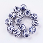 Handmade Blue and White Porcelain Beads, Round with Flower, Medium Blue, 26~28mm, Hole: 3~5mm(PORC-G002-07)
