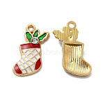 Alloy Enamel Pendants, with Rhinestone, Christmas Sock Charm, Golden, 23x17.5x4.5mm, Hole: 1.8mm(PALLOY-B009-41G)