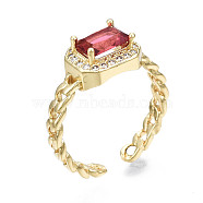 Brass Micro Pave Cubic Zirconia Cuff Rings, Open Rings, Rectangle Octagon, Curb Chain, Real 16K Gold Plated, Nickel Free, Red, US Size 6 3/4, Inner Diameter: 17mm(RJEW-Q161-003C-NF)