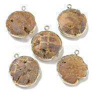 Electroplated Natural Druzy Agate Pendants, Brass Flat Round Charms, Silver Color, BurlyWood, 29~30x24~26x7.5~9mm, Hole: 1.8mm(G-A229-01B)