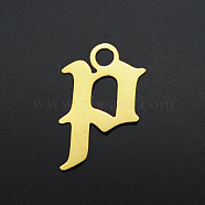 201 Stainless Steel Charms, Laser Cut, Letter, Letter.P, P:9.5x6x1mm, Hole: 1.2mm(STAS-S105-JA570-P)