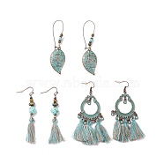3 Pairs 3 Style Flat Round & Leaf Alloy Enamel Dangle Earrings with Synthetic Turquoise, Bohemian Big Cotton Tassels Drop Earrings with Wood Beads for Women, Cyan, 70~82mm, 1 Pair/style(EJEW-P200-06AB)