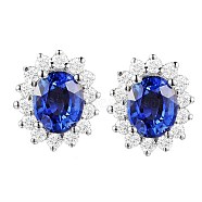 Brass Crystal Rhinestone Stud Earrings, with Center Glass Imitation Blue Gemstone, Teardrop, Platinum, 7x10x5mm, Pin: 0.9mm(EJEW-BB64109-B)