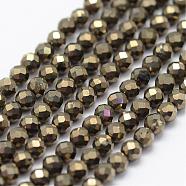 Natural Pyrite Beads Strands, Faceted, Round, 2mm, Hole: 0.5mm, about 175pcs/strand, 14.9 inch(38cm)(G-K185-03)