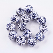 Handmade Blue and White Porcelain Beads, Round with Flower, Medium Blue, 27~28mm, Hole: 3mm(PORC-G002-07)