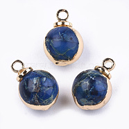 Natural Regalite/Imperial Jasper/Sea Sediment Jasper Charms, with Brass Findings, Round, Golden, Steel Blue, 12x9x8.5mm, Hole: 1mm(G-T111-11B)