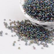 Round Trans. Colors Rainbow Glass Seed Beads, Dark Gray, 
Size: about 2mm in diameter, hole:1mm, about 3306pcs/50g(X-SEED-A007-2mm-172)