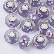 Handmade Lampwork European Beads, Inner Flower, Large Hole Beads, with Silver Color Plated Brass Single Cores, Rondelle, Medium Purple, 14x7.5mm, Hole: 4mm(LAMP-S193-004H)