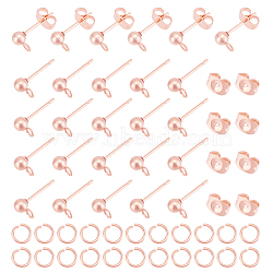 100Pcs Iron Ball Stud Earring Findings, with Horizontal Loops & 100Pcs 304 Stainless Steel Ear Nuts & 100Pcs Open Jump Rings, Rose Gold, 6.5x4mm, Hole: 1mm, Pin: 0.8mm(KK-UN0001-34)