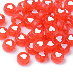 Transparent Acrylic Beads, Flat Round with White Heart, Red, 7x3.5mm, Hole: 1.8mm, about 3700pcs/500g(TACR-S150-05A-06)