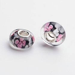 Handmade Lampwork European Large Hole Beads, with 925 Sterling Silver Core, Rondelle, Plum, 14.5x8.5mm, Hole: 5mm(X-LPDL-F003-39)