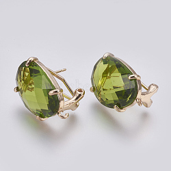 Faceted Glass Stud Earring Findings, with Loop, Light Gold Plated Brass Findings, Oval, Olive Drab, 20x15.5x6~6.5mm, Hole: 1.2mm, Pin: 0.7mm(X-GLAA-F084-D05)