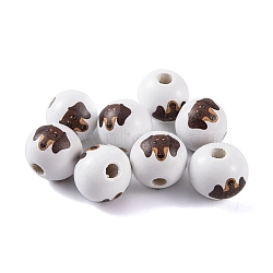 Wood European Beads, Round with Dog Pattern, White, 16x15mm, Hole: 4.5mm(WOOD-G021-01E)