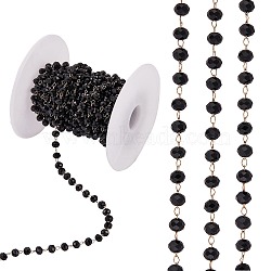 Glass Faceted Rondelle Beaded Chain, Golde Plated Brass Cable Chains, Soldered, with Spool, for Jewelry Making, Black, 4mm, about 16.40 Feet(5m)/Roll(JX304A)