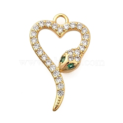 Brass Micro Pave Cubic Zirconia Pendants, Snake, Nickel Free, Long-Lasting Plated, Real 18K Gold Plated, 19.5x12x2.5mm, Hole: 1.6mm(X1-KK-B147-06A-G)