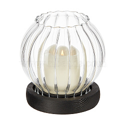 Grooved Rondelle Glass Candle Holder, with Wood Base, Candle Bell Jar, Home Tabletop Centerpiece Decoration, Clear, 10.1x10.7cm, Inner Diameter: 3.6cm(DJEW-WH0043-13A)