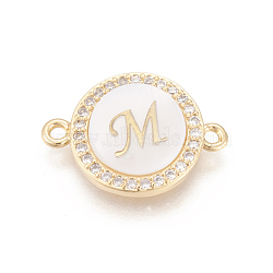Brass Micro Pave Cubic Zirconia Links, with Shell, Long-Lasting Plated, Lead Free & Cadmium Free & Nickel Free, Real 18K Gold Plated, Flat Round with Letter, Clear, Letter.M, 13.5x18.5x4.5mm, Hole: 1.4mm(ZIRC-L078-006M-NR)