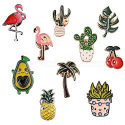10Pcs 10 Style Alloy Enamel Brooches, Enamel Pin, Avocado & Catus & Leaf & Cherry & Butterfly & Flamingo, Light Gold, Cadmium Free & Nickel Free & Lead Free, Mixed Color, 18~31x14~21x2mm, 1pc/style(JEWB-SZ0001-09)