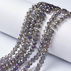 Electroplate Transparent Glass Beads Strands, Half Rainbow Plated, Faceted, Rondelle, Dark Gray, 4x3mm, Hole: 0.4mm, about 130pcs/strand, 16.54 inch(42cm)(EGLA-A034-T4mm-F11)