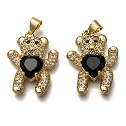 Brass Micro Pave Cubic Zirconia Pendants, Long-Lasting Plated, Real 18K Gold Plated, Inlay Bear Shape, Black, 23x18x5.5mm, Hole: 3.5mm(X-ZIRC-B002-09G-E)