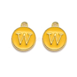 Golden Plated Alloy Enamel Charms, Enamelled Sequins, Flat Round with Alphabet, Letter.W, Yellow, 14x12x2mm, Hole: 1.5mm(ENAM-Q437-13W)