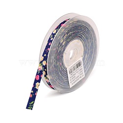 Floral Single-sided Printed Polyester Grosgrain Ribbons, Midnight Blue, 3/8 inch(9mm), about 100yards/roll(91.44m/roll)(SRIB-A011-9mm-240879)